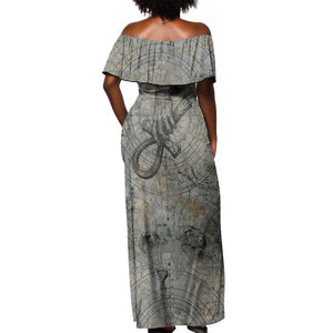 Aten Ancient Egyptian Off Shoulder Maxi Dress with Gray Astronomical Chart, Radiant Sun Disc Emblem, and Ankh - African Pride