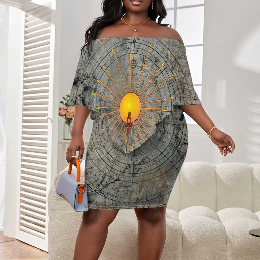 Aten Ancient Egyptian Off Shoulder Short Dress with Gray Astronomical Chart, Radiant Sun Disc Emblem, and Ankh - African Pride