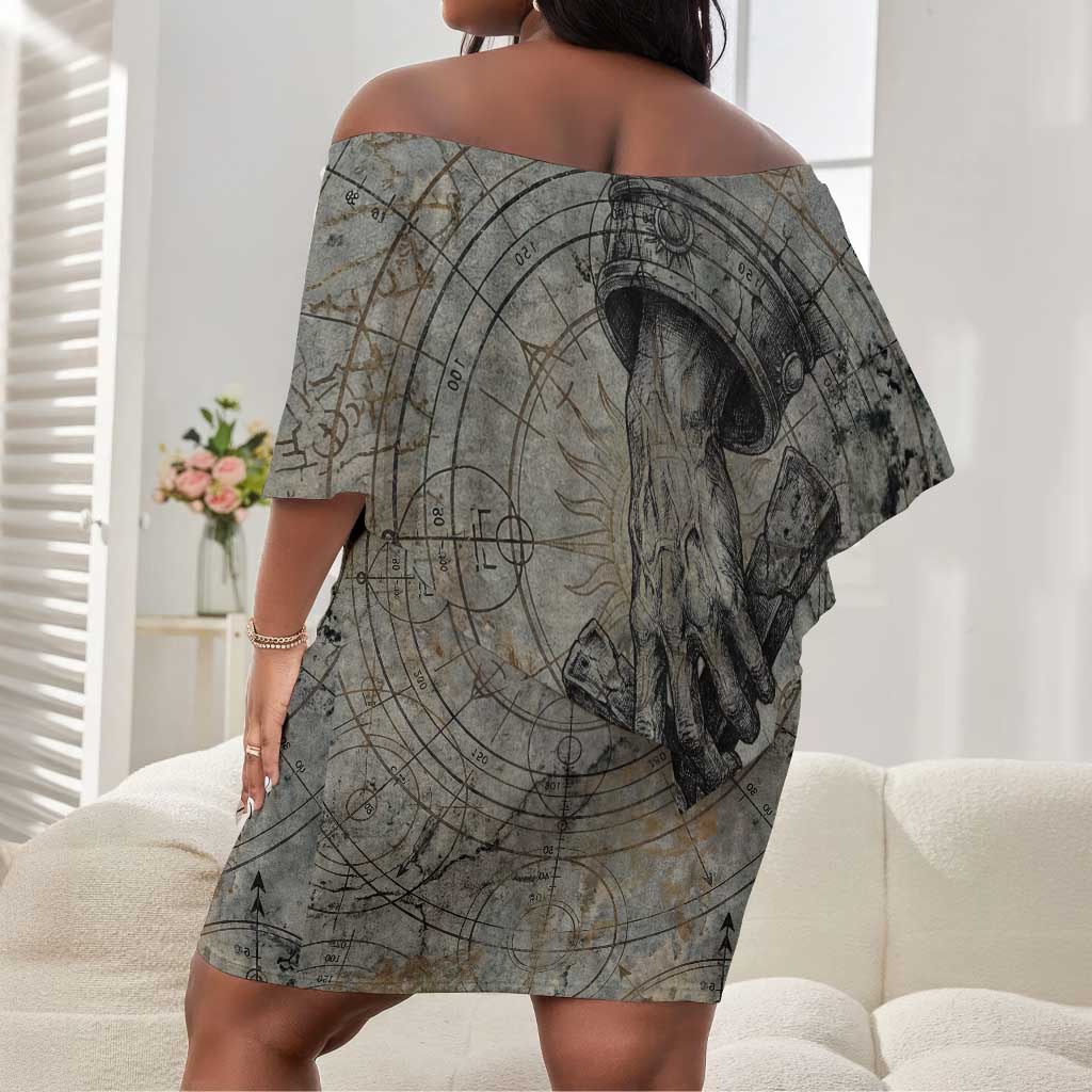 Aten Ancient Egyptian Off Shoulder Short Dress with Gray Astronomical Chart, Radiant Sun Disc Emblem, and Ankh - African Pride