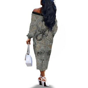 Aten Ancient Egyptian Off The Shoulder Long Sleeve Dress with Gray Astronomical Chart, Radiant Sun Disc Emblem, and Ankh - African Pride