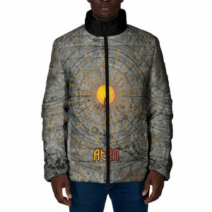 Aten Ancient Egyptian Padded Jacket with Gray Astronomical Chart, Radiant Sun Disc Emblem, and Ankh - African Pride