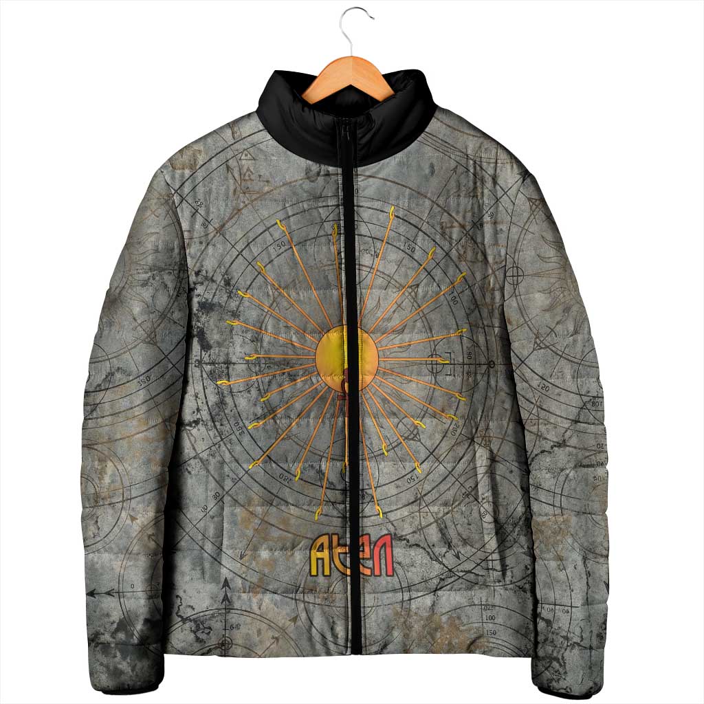 Aten Ancient Egyptian Padded Jacket with Gray Astronomical Chart, Radiant Sun Disc Emblem, and Ankh - African Pride