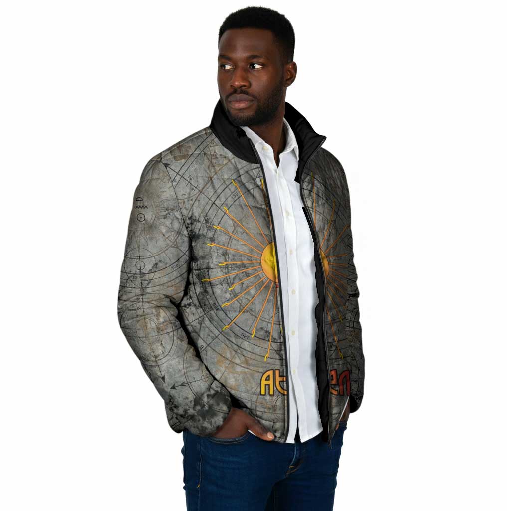 Aten Ancient Egyptian Padded Jacket with Gray Astronomical Chart, Radiant Sun Disc Emblem, and Ankh - African Pride