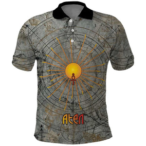 Aten Ancient Egyptian Polo Shirt with Gray Astronomical Chart, Radiant Sun Disc Emblem, and Ankh - African Pride