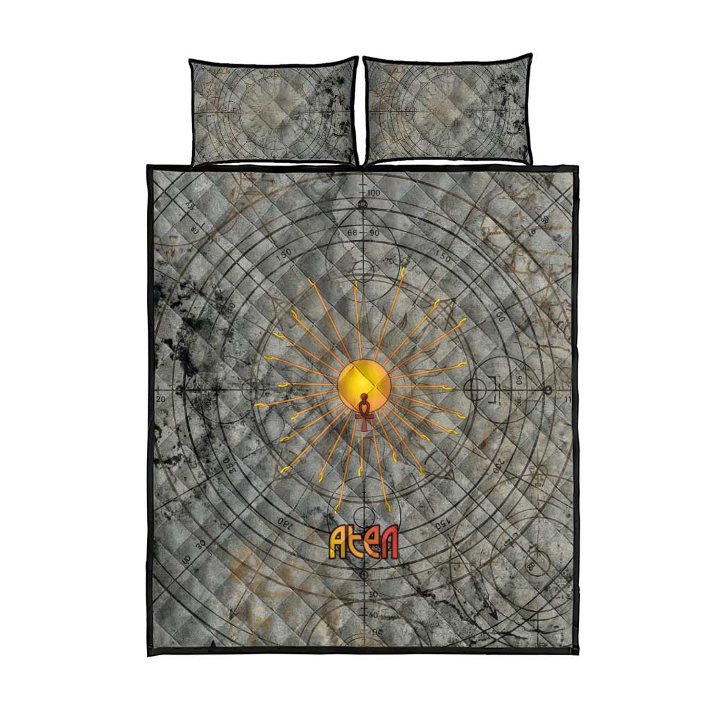 Aten Ancient Egyptian Quilt Bed Set with Gray Astronomical Chart, Radiant Sun Disc Emblem, and Ankh - African Pride