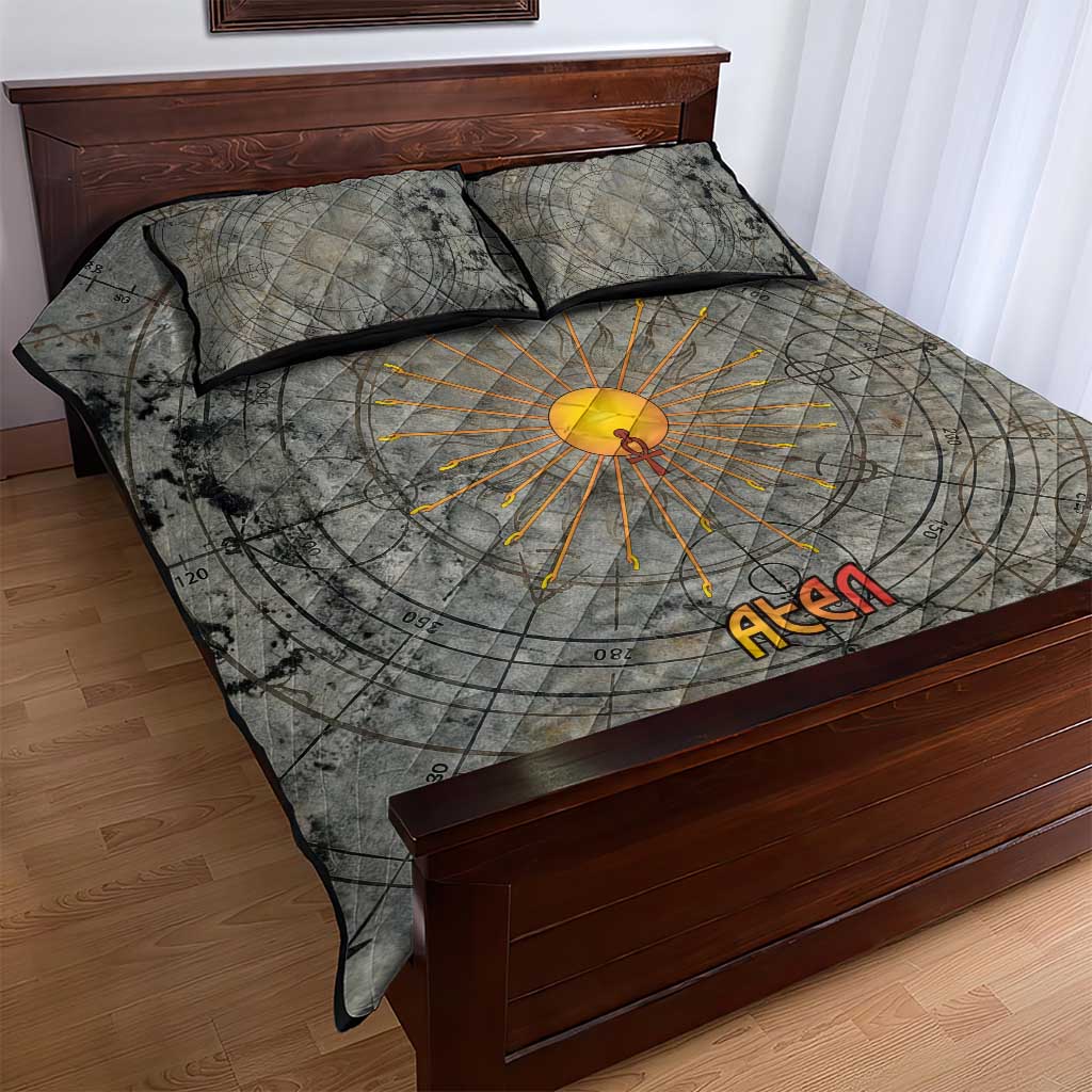 Aten Ancient Egyptian Quilt Bed Set with Gray Astronomical Chart, Radiant Sun Disc Emblem, and Ankh - African Pride