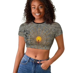 Aten Ancient Egyptian Raglan Cropped T shirt with Gray Astronomical Chart, Radiant Sun Disc Emblem, and Ankh - African Pride