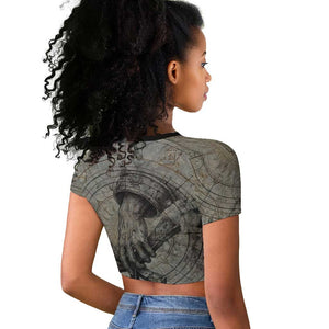 Aten Ancient Egyptian Raglan Cropped T shirt with Gray Astronomical Chart, Radiant Sun Disc Emblem, and Ankh - African Pride