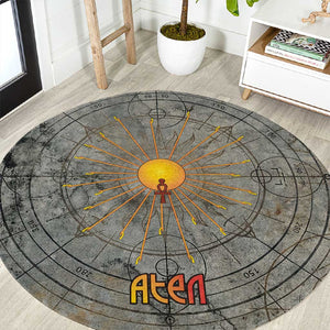 Aten Ancient Egyptian Round Carpet with Gray Astronomical Chart, Radiant Sun Disc Emblem, and Ankh - African Pride