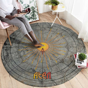 Aten Ancient Egyptian Round Carpet with Gray Astronomical Chart, Radiant Sun Disc Emblem, and Ankh - African Pride