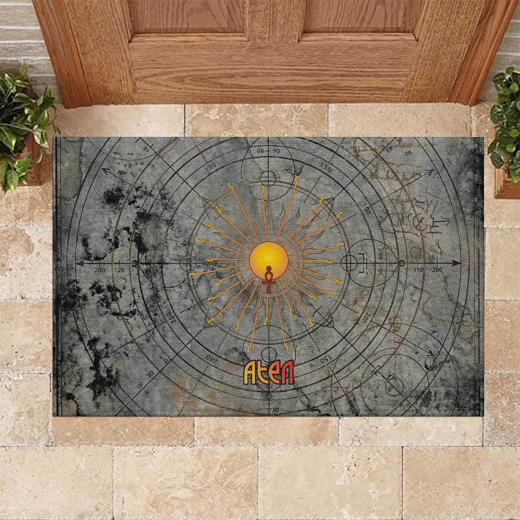 Aten Ancient Egyptian Rubber Doormat with Gray Astronomical Chart, Radiant Sun Disc Emblem, and Ankh - African Pride