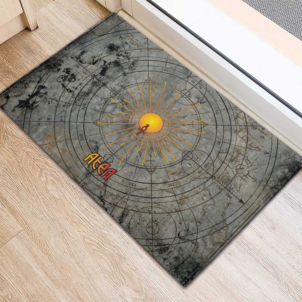Aten Ancient Egyptian Rubber Doormat with Gray Astronomical Chart, Radiant Sun Disc Emblem, and Ankh - African Pride