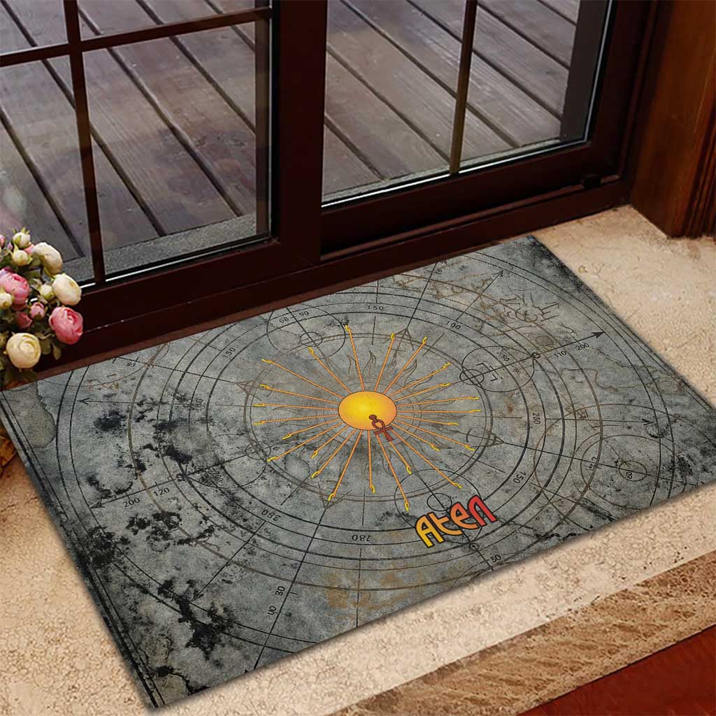 Aten Ancient Egyptian Rubber Doormat with Gray Astronomical Chart, Radiant Sun Disc Emblem, and Ankh - African Pride