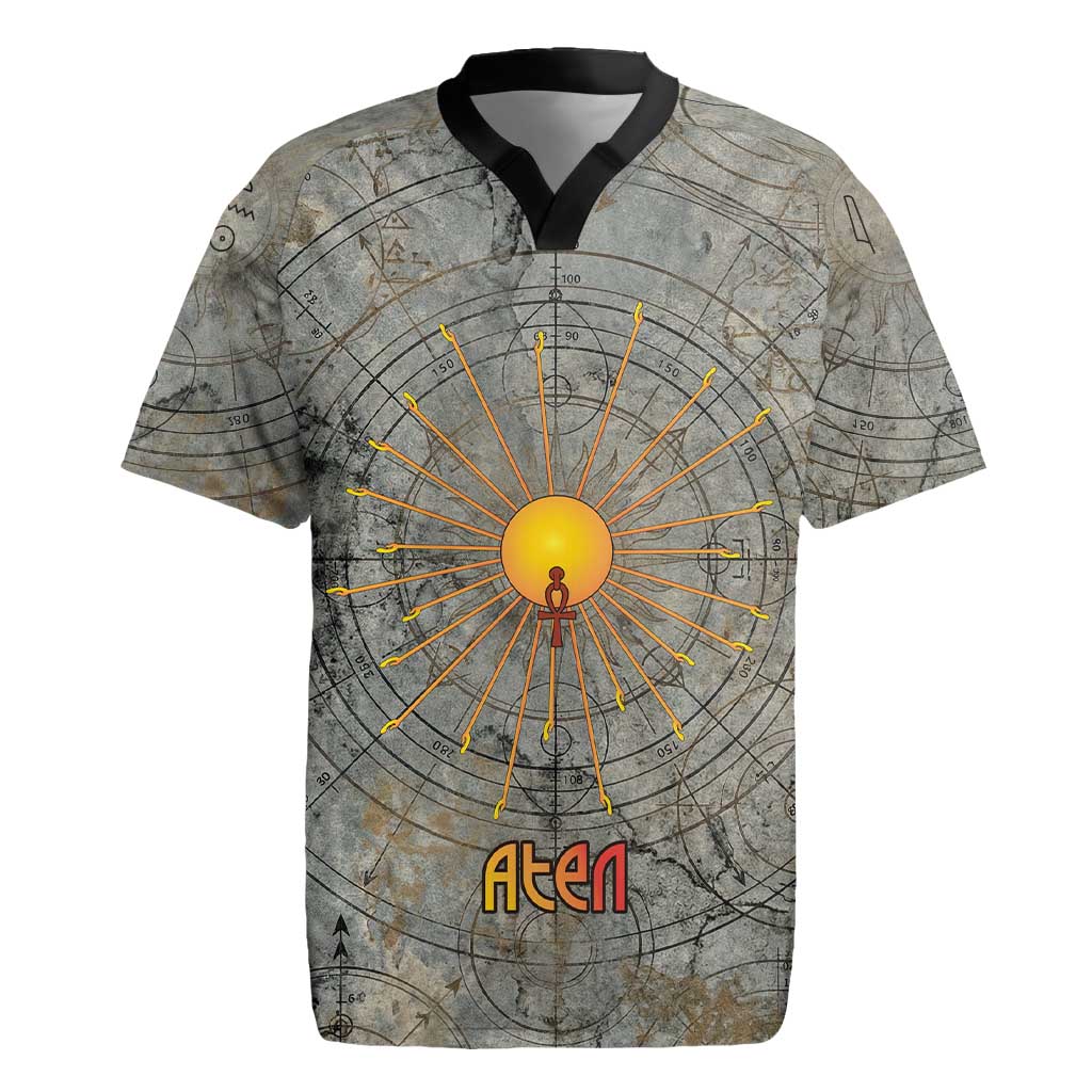 Aten Ancient Egyptian Rugby Jersey with Gray Astronomical Chart, Radiant Sun Disc Emblem, and Ankh - African Pride