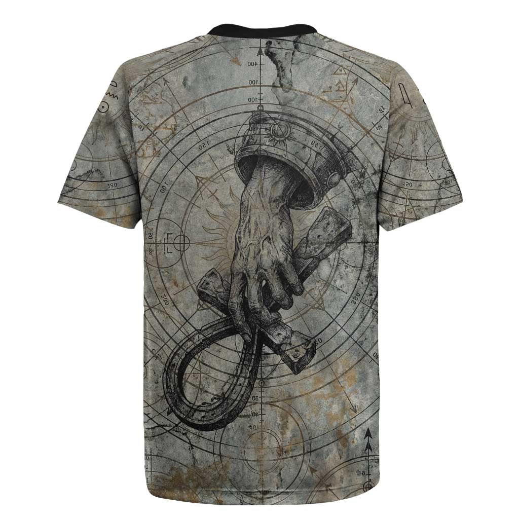 Aten Ancient Egyptian Rugby Jersey with Gray Astronomical Chart, Radiant Sun Disc Emblem, and Ankh - African Pride