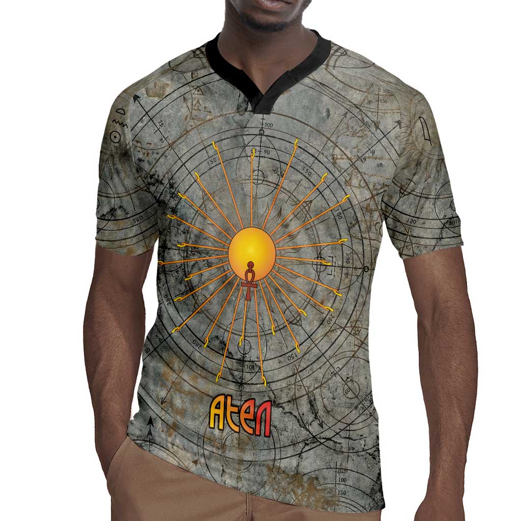 Aten Ancient Egyptian Rugby Jersey with Gray Astronomical Chart, Radiant Sun Disc Emblem, and Ankh - African Pride
