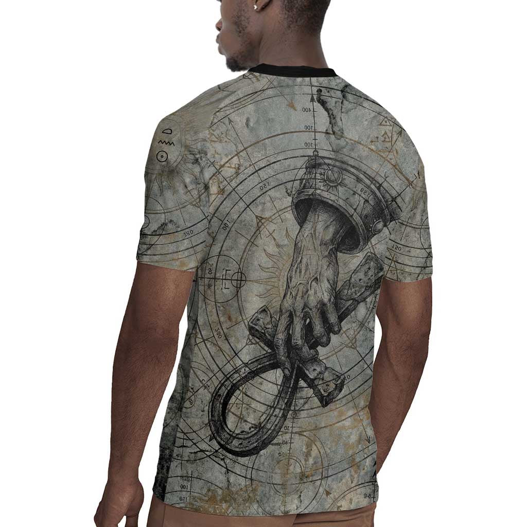 Aten Ancient Egyptian Rugby Jersey with Gray Astronomical Chart, Radiant Sun Disc Emblem, and Ankh - African Pride
