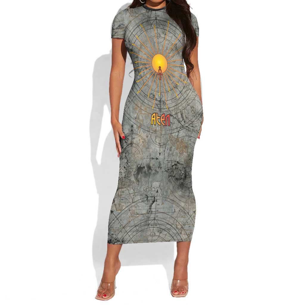 Aten Ancient Egyptian Short Sleeve Bodycon Dress with Gray Astronomical Chart, Radiant Sun Disc Emblem, and Ankh - African Pride