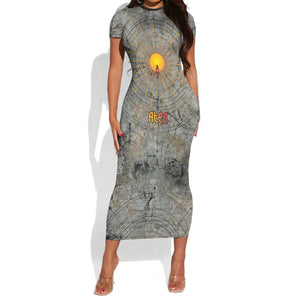 Aten Ancient Egyptian Short Sleeve Bodycon Dress with Gray Astronomical Chart, Radiant Sun Disc Emblem, and Ankh - African Pride