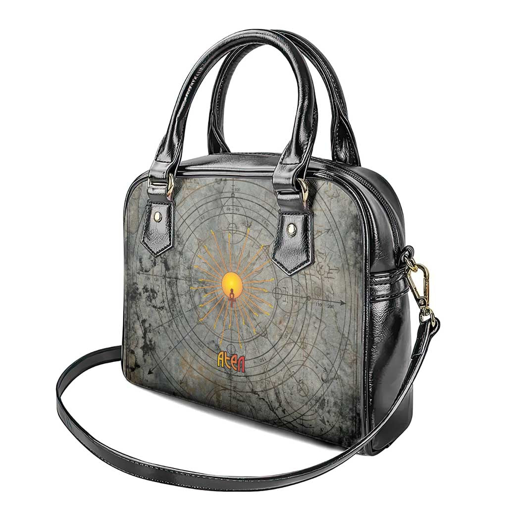 Aten Ancient Egyptian Shoulder Handbag with Gray Astronomical Chart, Radiant Sun Disc Emblem, and Ankh - African Pride