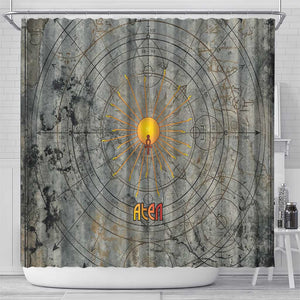 Aten Ancient Egyptian Shower Curtain with Gray Astronomical Chart, Radiant Sun Disc Emblem, and Ankh - African Pride