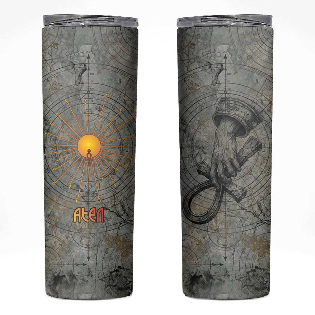 Aten Ancient Egyptian Skinny Tumbler with Gray Astronomical Chart, Radiant Sun Disc Emblem, and Ankh - African Pride