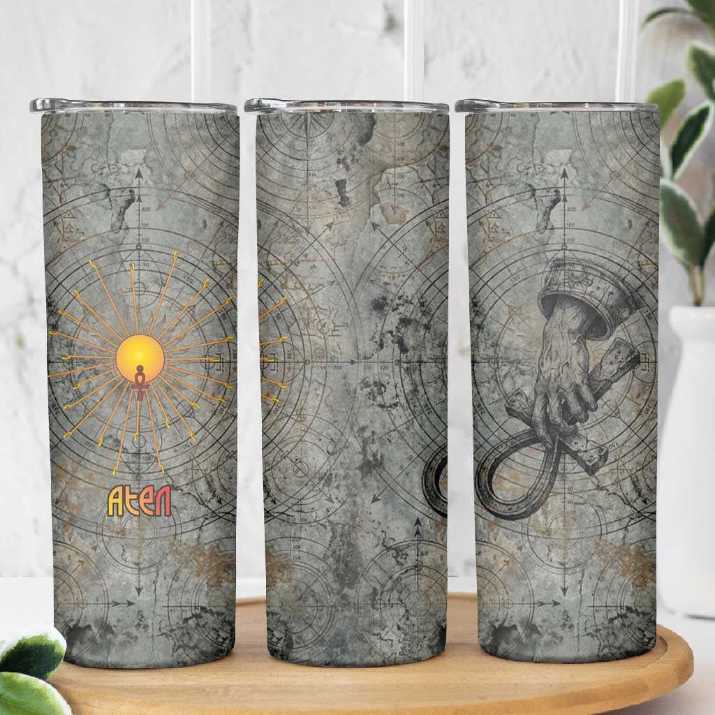 Aten Ancient Egyptian Skinny Tumbler with Gray Astronomical Chart, Radiant Sun Disc Emblem, and Ankh - African Pride