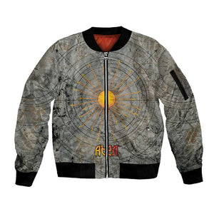 Aten Ancient Egyptian Sleeve Zip Bomber Jacket with Gray Astronomical Chart, Radiant Sun Disc Emblem, and Ankh - African Pride