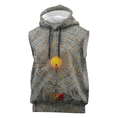 Aten Ancient Egyptian Sleeveless Hoodie with Gray Astronomical Chart, Radiant Sun Disc Emblem, and Ankh - African Pride