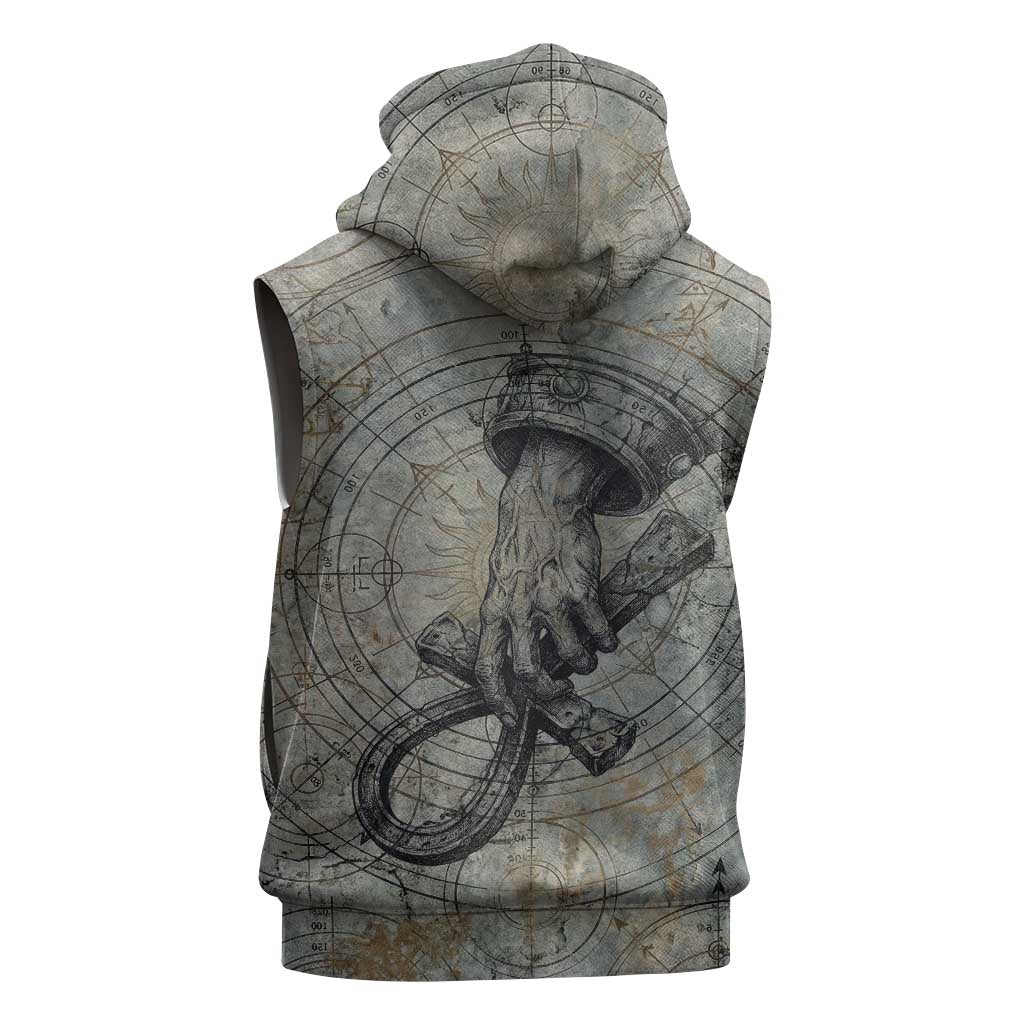 Aten Ancient Egyptian Sleeveless Hoodie with Gray Astronomical Chart, Radiant Sun Disc Emblem, and Ankh - African Pride