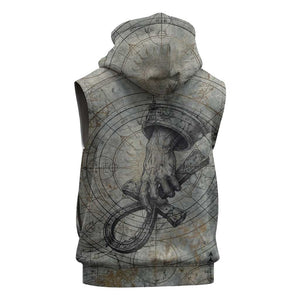 Aten Ancient Egyptian Sleeveless Hoodie with Gray Astronomical Chart, Radiant Sun Disc Emblem, and Ankh - African Pride