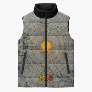 Aten Ancient Egyptian Sleeveless Puffer Jacket with Gray Astronomical Chart, Radiant Sun Disc Emblem, and Ankh - African Pride