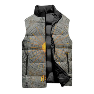 Aten Ancient Egyptian Sleeveless Puffer Jacket with Gray Astronomical Chart, Radiant Sun Disc Emblem, and Ankh - African Pride