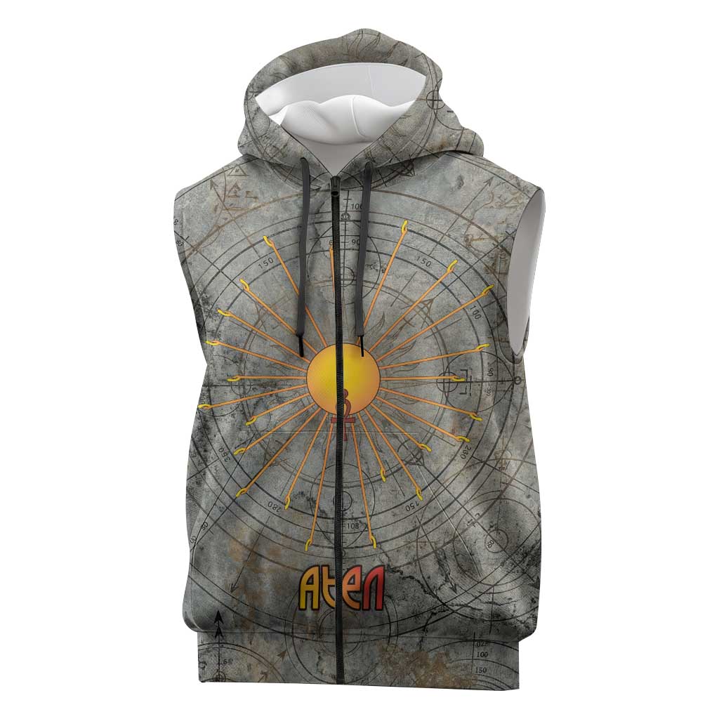 Aten Ancient Egyptian Sleeveless Zip Hoodie with Gray Astronomical Chart, Radiant Sun Disc Emblem, and Ankh - African Pride