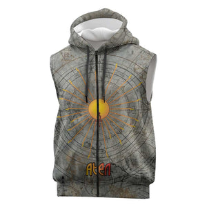 Aten Ancient Egyptian Sleeveless Zip Hoodie with Gray Astronomical Chart, Radiant Sun Disc Emblem, and Ankh - African Pride