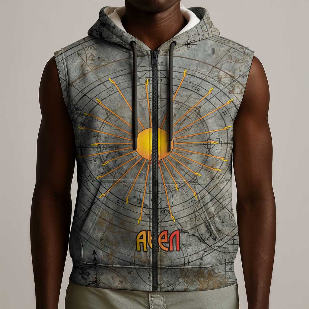 Aten Ancient Egyptian Sleeveless Zip Hoodie with Gray Astronomical Chart, Radiant Sun Disc Emblem, and Ankh - African Pride