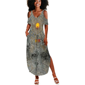 Aten Ancient Egyptian Summer Maxi Dress with Gray Astronomical Chart, Radiant Sun Disc Emblem, and Ankh - African Pride