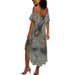Aten Ancient Egyptian Summer Maxi Dress with Gray Astronomical Chart, Radiant Sun Disc Emblem, and Ankh - African Pride
