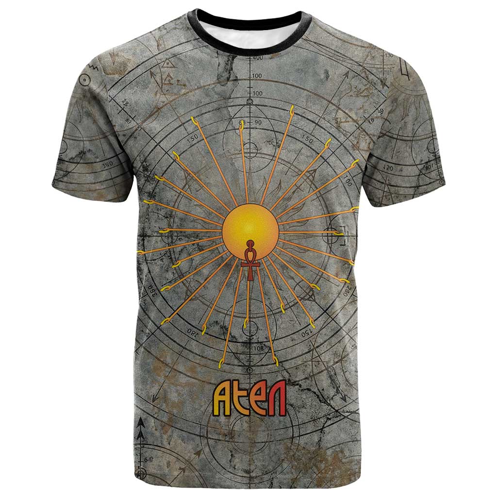 Aten Ancient Egyptian T shirt with Gray Astronomical Chart, Radiant Sun Disc Emblem, and Ankh - African Pride