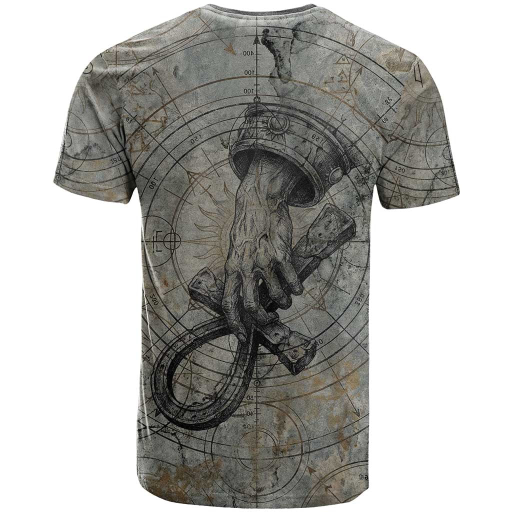 Aten Ancient Egyptian T shirt with Gray Astronomical Chart, Radiant Sun Disc Emblem, and Ankh - African Pride