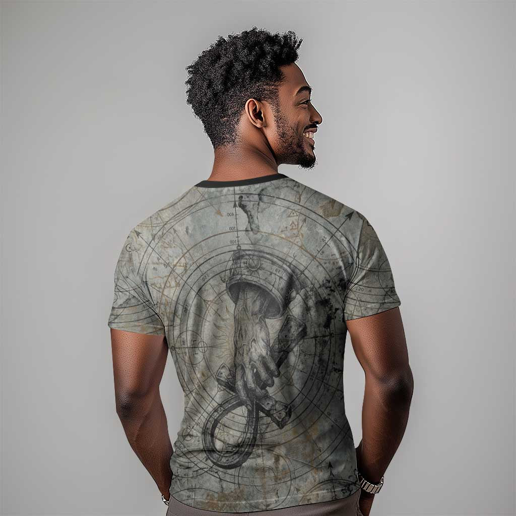 Aten Ancient Egyptian T shirt with Gray Astronomical Chart, Radiant Sun Disc Emblem, and Ankh - African Pride