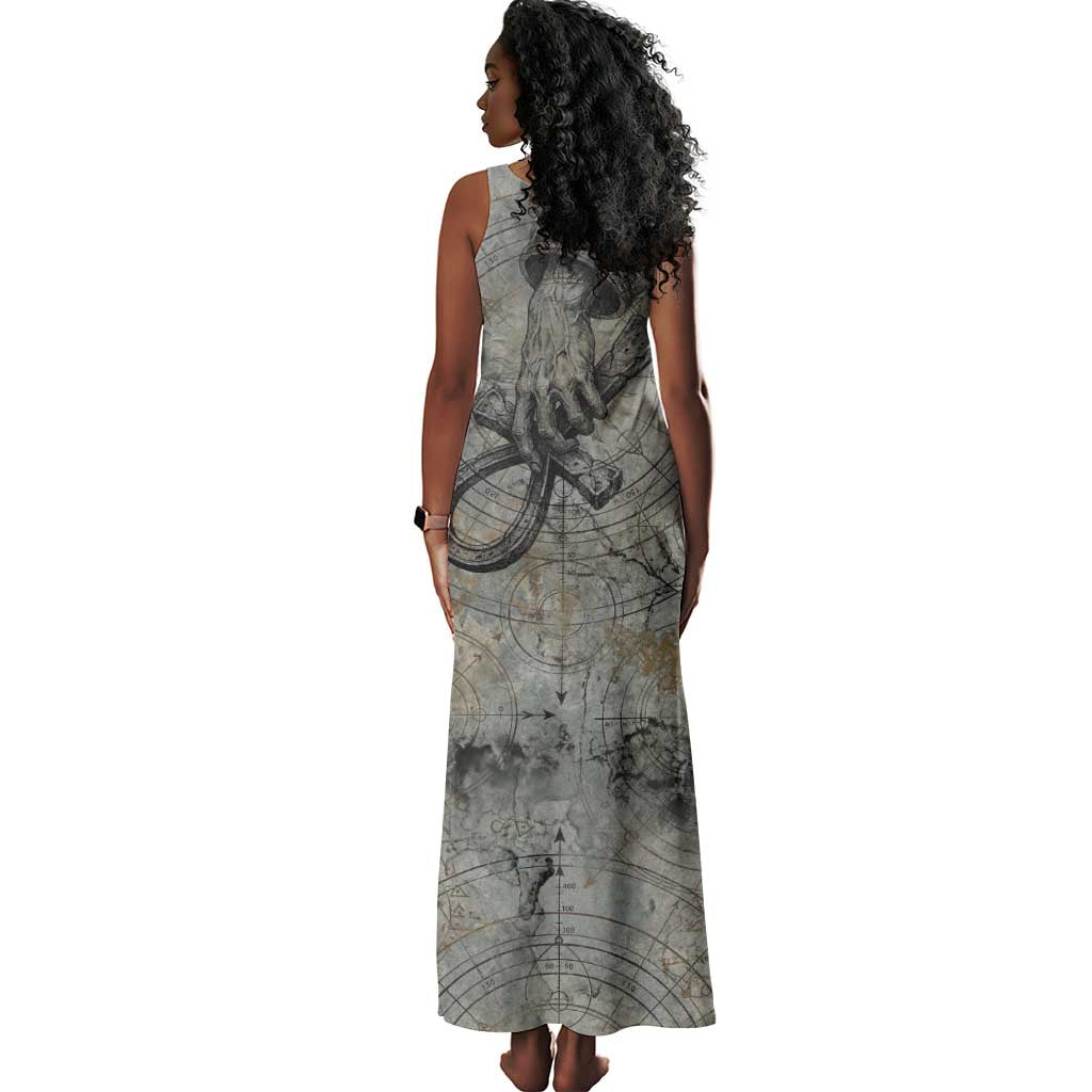 Aten Ancient Egyptian Tank Maxi Dress with Gray Astronomical Chart, Radiant Sun Disc Emblem, and Ankh - African Pride