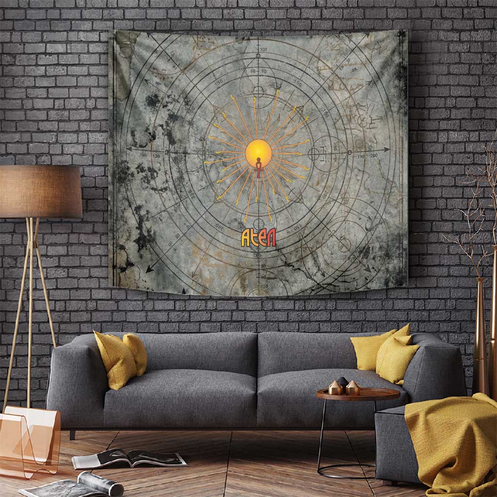 Aten Ancient Egyptian Tapestry with Gray Astronomical Chart, Radiant Sun Disc Emblem, and Ankh - African Pride