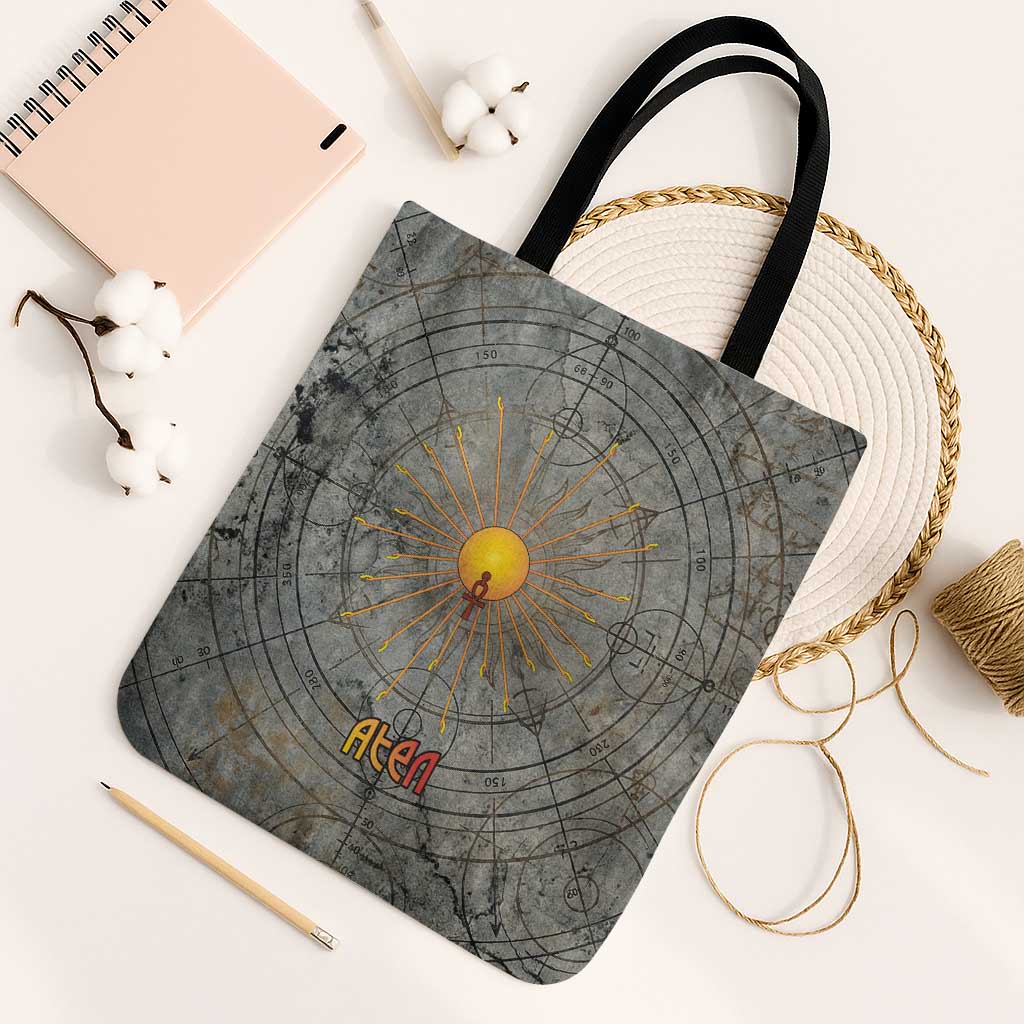 Aten Ancient Egyptian Tote Bag with Gray Astronomical Chart, Radiant Sun Disc Emblem, and Ankh - African Pride