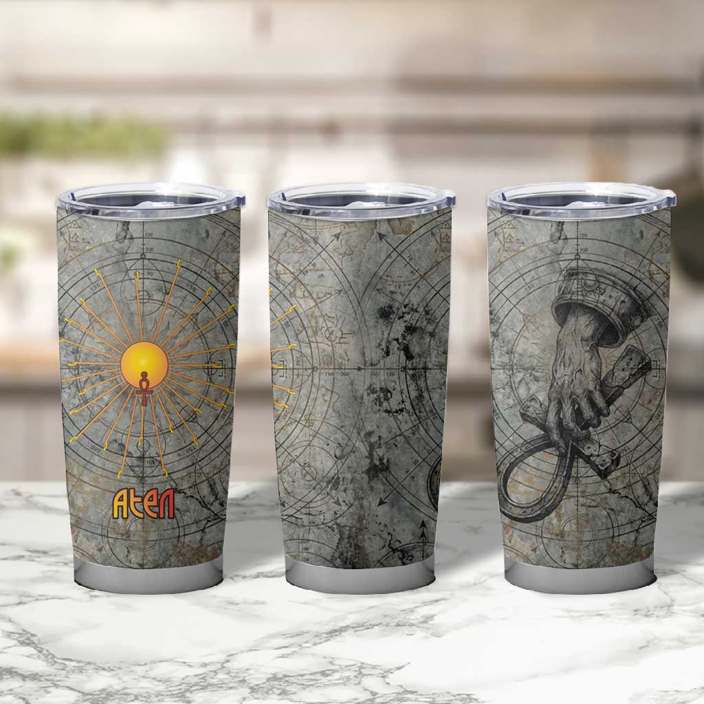 Aten Ancient Egyptian Tumbler Cup with Gray Astronomical Chart, Radiant Sun Disc Emblem, and Ankh - African Pride