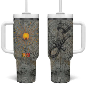 Aten Ancient Egyptian Tumbler With Handle with Gray Astronomical Chart, Radiant Sun Disc Emblem, and Ankh - African Pride