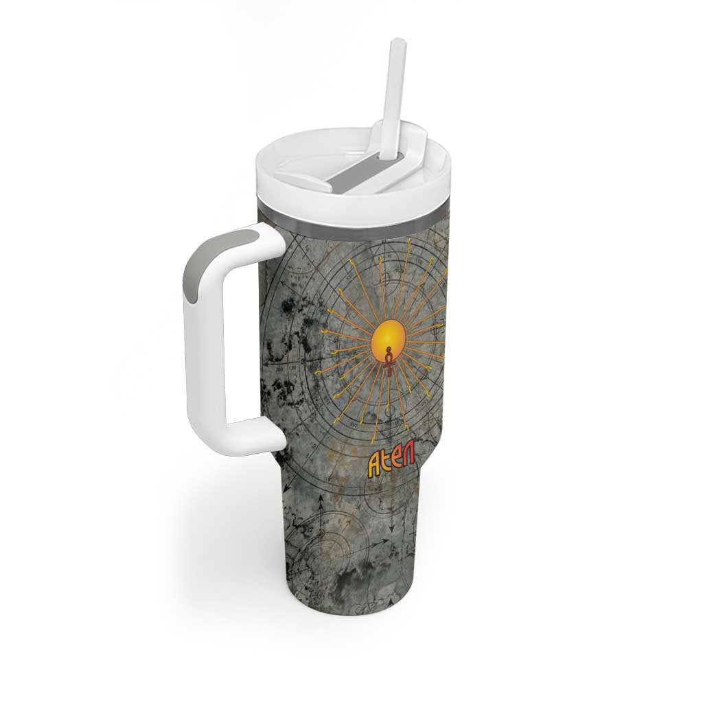 Aten Ancient Egyptian Tumbler With Handle with Gray Astronomical Chart, Radiant Sun Disc Emblem, and Ankh - African Pride
