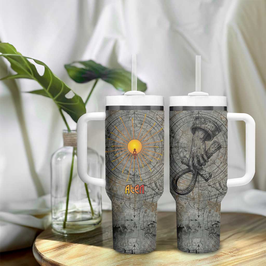 Aten Ancient Egyptian Tumbler With Handle with Gray Astronomical Chart, Radiant Sun Disc Emblem, and Ankh - African Pride