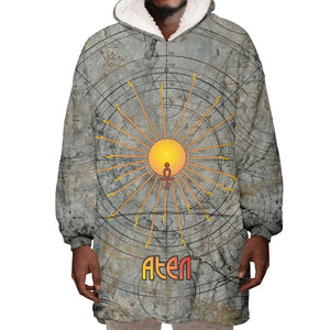 Aten Ancient Egyptian Wearable Blanket Hoodie with Gray Astronomical Chart, Radiant Sun Disc Emblem, and Ankh - African Pride