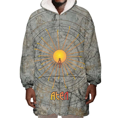 Aten Ancient Egyptian Wearable Blanket Hoodie with Gray Astronomical Chart, Radiant Sun Disc Emblem, and Ankh - African Pride